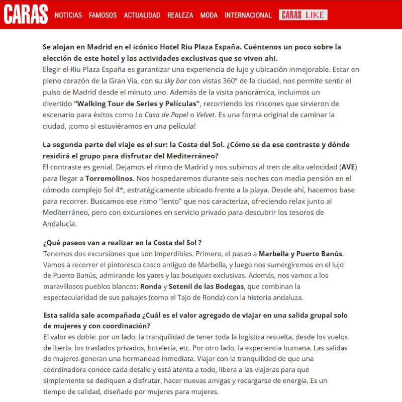 Nota Revista Caras Madrid y Costa del Sol