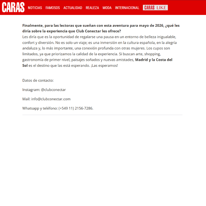 Nota Revista Caras Madrid y Costa del Sol